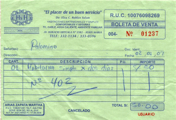 Boleto de hostal para Michael Palomino del
                        1-2-2007 del hostal Len Velarde en Lince, Lima,
                        Per