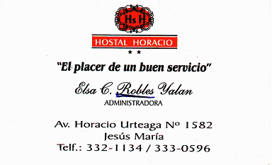 Visitenkarte des Hostals
                        "Horacio", Avenida Horacio Urteaga no.
                        1582, Jess Mara, Lima, Peru