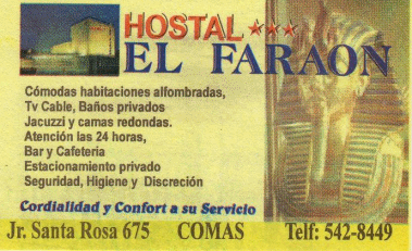 Visitenkarte des Hostals "El
                        Faraon", Jiron Santa Rosa 675, Comas, Lima,
                        Per�, Tel. 01-5428449