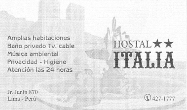 Visitenkarte des Hostals "Italia"
                        im Distrikt "Lima", Jiron Jun�n 870,
                        Lima, Peru, Tel. 01-4271777