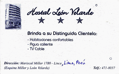 Visitenkarte des Hostals "Le�n
                        Velarde", Avenida Mariscal Miller 1780,
                        Lince, Lima, Per�, Tel. 01-4718037