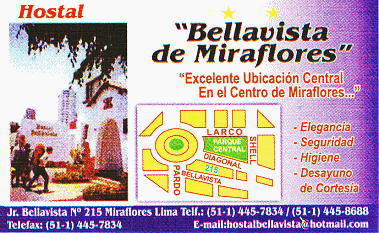 Visitenkarte des Hostals "Bellavista
                        de Miraflores", Jiron Bellavista 215,
                        Miraflores, Lima, Per�, Tel. 01-4457834 /
                        01-4458688, E-Mail:
                        hostalbellavista@hotmail.com