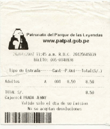 Lima: Boleto del "Parque de las
                        Leyendas" del 26-1-2007