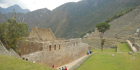 Machu Picchu: Vista de la plataforma superior
                    al muro grande con la plaza central, con el árbol
