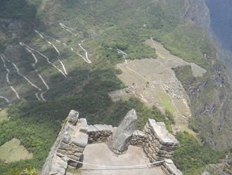 Machu Picchu, reloj solar de Huaynapicchu con
                    la vista a Machu Picchu