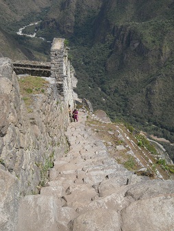 Bajada de Huaynapicchu: escalera
                            escarpada irregular con vista panormica
                            Bajada de Huaynapicchu: escalera escarpada
                            irregular 01