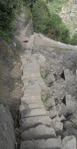 Bajada de Huaynapicchu, escalera
                            irregular escarpada, foto panormica
