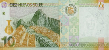 Der
                      10-Soles-Schein von Peru mit Machu Picchu und den
                      beiden Hausbergen Huchuypicchu und Huaynapicchu -
                      die Form eines sich erhebenden Adlers oder die
                      Form eines Gesichts eines liegenden Inkas mit
                      grosser Nase - daneben sieht man das Treppenkreuz
                      von Mutter Erde