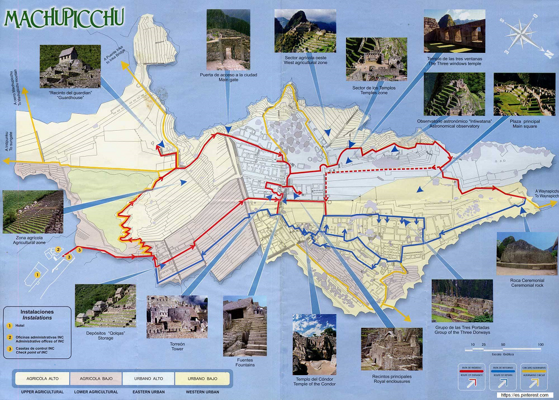 Map of Machu Picchu with photos