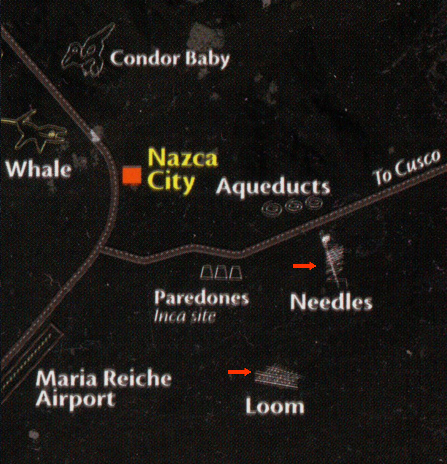 Karte der Linien von Nasca von
              peruinside von J. Alvarado mit der Angabe zweier
              Geoglyphen auf der anderen Seite von Nasca mit Zickzack,
              es sind dies die Figuren Needles (Nadeln) und Loom
              (Webstuhl).