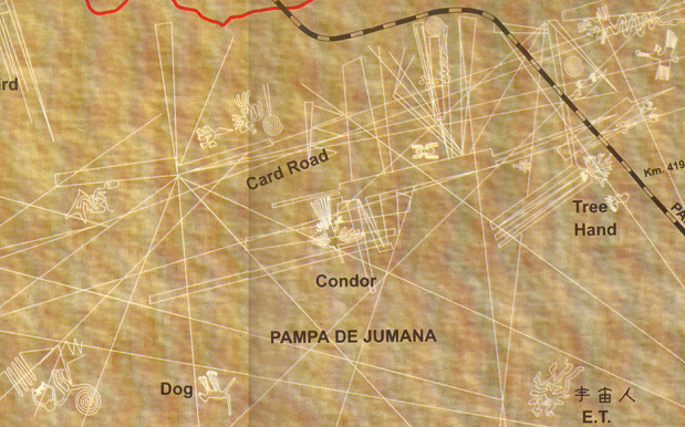 Map with the Nazca lines of the poster with Maria
                Reiche indicating four big spirals for the Nasca plain