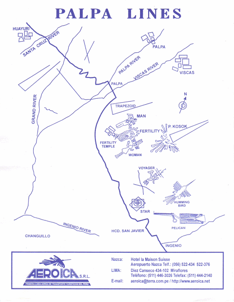 Mappa delle linee di Palpa con disegni a terra e
                alcune linee rette, della compagnia aerea
                "aeroica", con indicazioni solo in inglese.