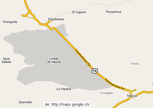 El mapa de Nasca con la pista
                  real de la Panamericana (de http://maps.google.ch/)