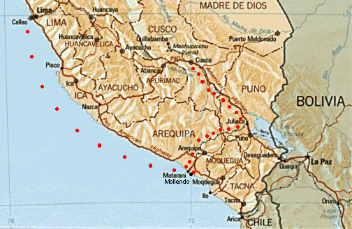 Karte der Reise von Maria Reiche
                von Cusco ber Arequipa nach Mollendo mit dem Zug, dann
                von Mollendo zum Hafen Callao bei Lima mit dem Schiff