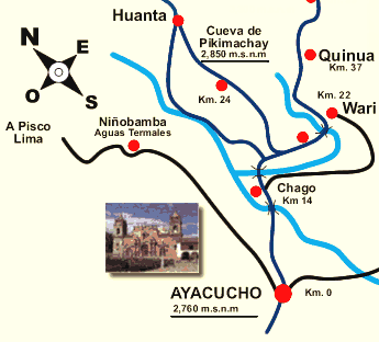 Mapa con la
                          posición de la cueva de Piquimachay /
                          Pikimachay entre Ayacucho y Huanta