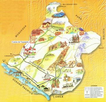 Mapa de la provincia de Tacna con la
                        posición de las cuevas de Toquepala
