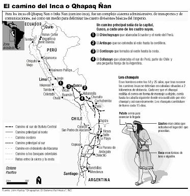 Mapa con los caminos de los incas, con un
                    chasqui con pututo y con quipus
