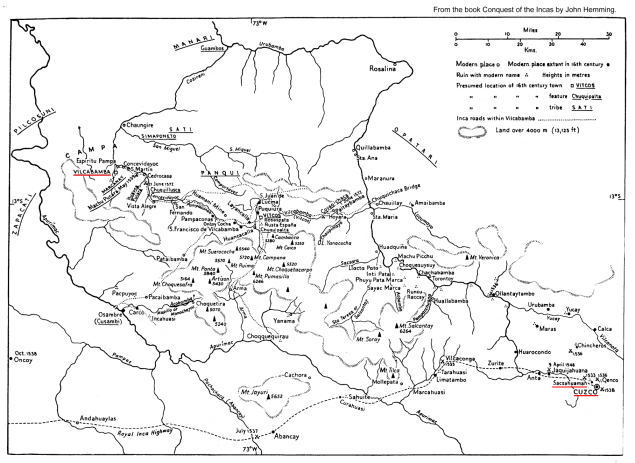 Mapa con Vilcabamba, Cusco y la fortaleza
                Sacsayhuamán y muchos sitios de batalla entre incas y
                españoles y sus colaboradores (Mapa de John Hemming:
                Conquest of the Incas)