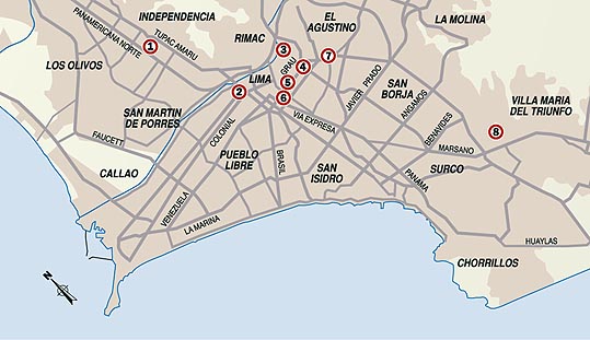 Karte von Lima mit den Schwarzmrkten fr
                Diebesgut, wo beklaute Personen ihre Sachen
                wiederfinden