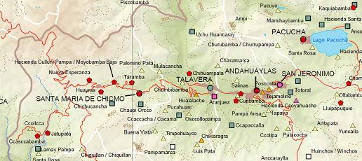 Karte mit dem Abstieg vom
                            Soraccocha-Pass durch die verschiedenen
                            D�rfer Nueva Esperanza, Huayras, Hacienda
                            Culluni Pampa / Moyobamba Baja, Santa Mar�a
                            de Chicmo und Hualalache bis Talavera und
                            Andahuaylas; Karte des
                            Erziehungsdepartements Lima. Welches Foto
                            welchem Dorf zuzuordnen ist, das wissen nur
                            die Chauffeure.