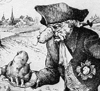 Die Karikatur
                                      von Kurt Halbritter zeigt König
                                      Friedrich den II. ("der
                                      Grosse") als Werber für
                                      Kartoffeln (1744) - mit
                                      Kartoffelnase [42]