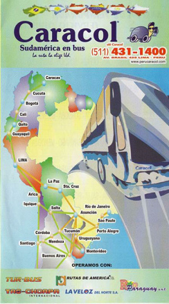 Das Flugblatt der Busfirma Caracol mit
                          dem Steckennetz in ganz
                          Sd-"Amerika"
