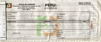 Tiquete de la empresa
                                    "Caracol" resp.
                                    "Rutas de Amrica" (ra)
                                    para el 6 de agosto 2008 de Lima a
                                    Guayaquil en la Panamericana, el
                                    tiquete cost 240.01 soles, mi
                                    puesto fue no. 41.