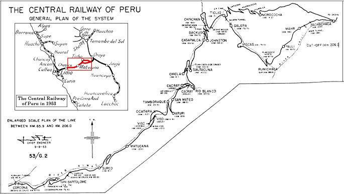 Mapa 02: El Ferrocarril Central Andino con
                        21 construcciones de vueltas puntadas
                        (construcciones en forma de zig-zag) [14]