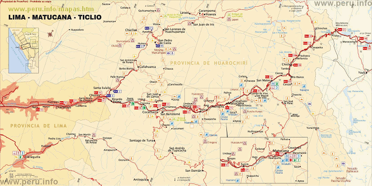 Karte mit der Strecke
                        Morococha-Chicla-Chosica-Lima, aus
                        http://www.peru.info/mapas.htm