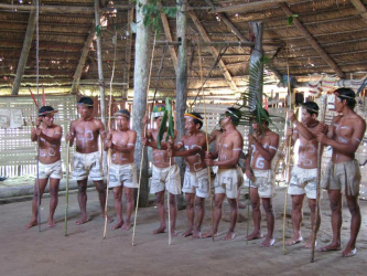 Amazonas-Flussdorf 03 bei Iquitos, die
                          Männer sind in der Tanzaufstellung