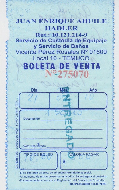 Recibo del dep�sito de equpiajes en el
                        Terminal de buses nacionales
                        ("Rodoviario")